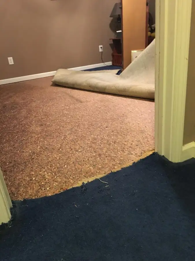 Carpet pad removal revealing water damage during Water Mitigation Services in Vergennes